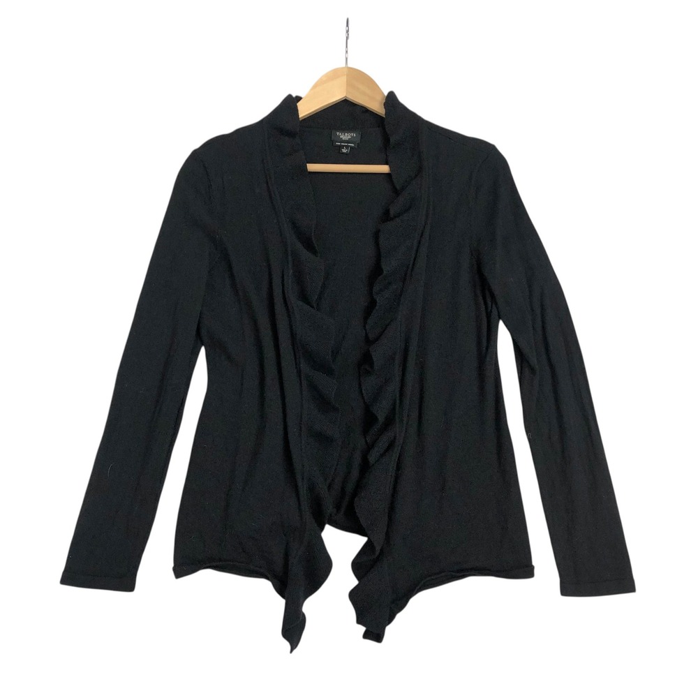 Talbots 100% Italian Merino Wool Ruffle Waterfall Cardigan Sweater Large Black